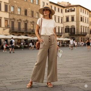 Liabella 100% Linen Wide Leg Pants Brown Elastic Waist Women Small Made in Italy